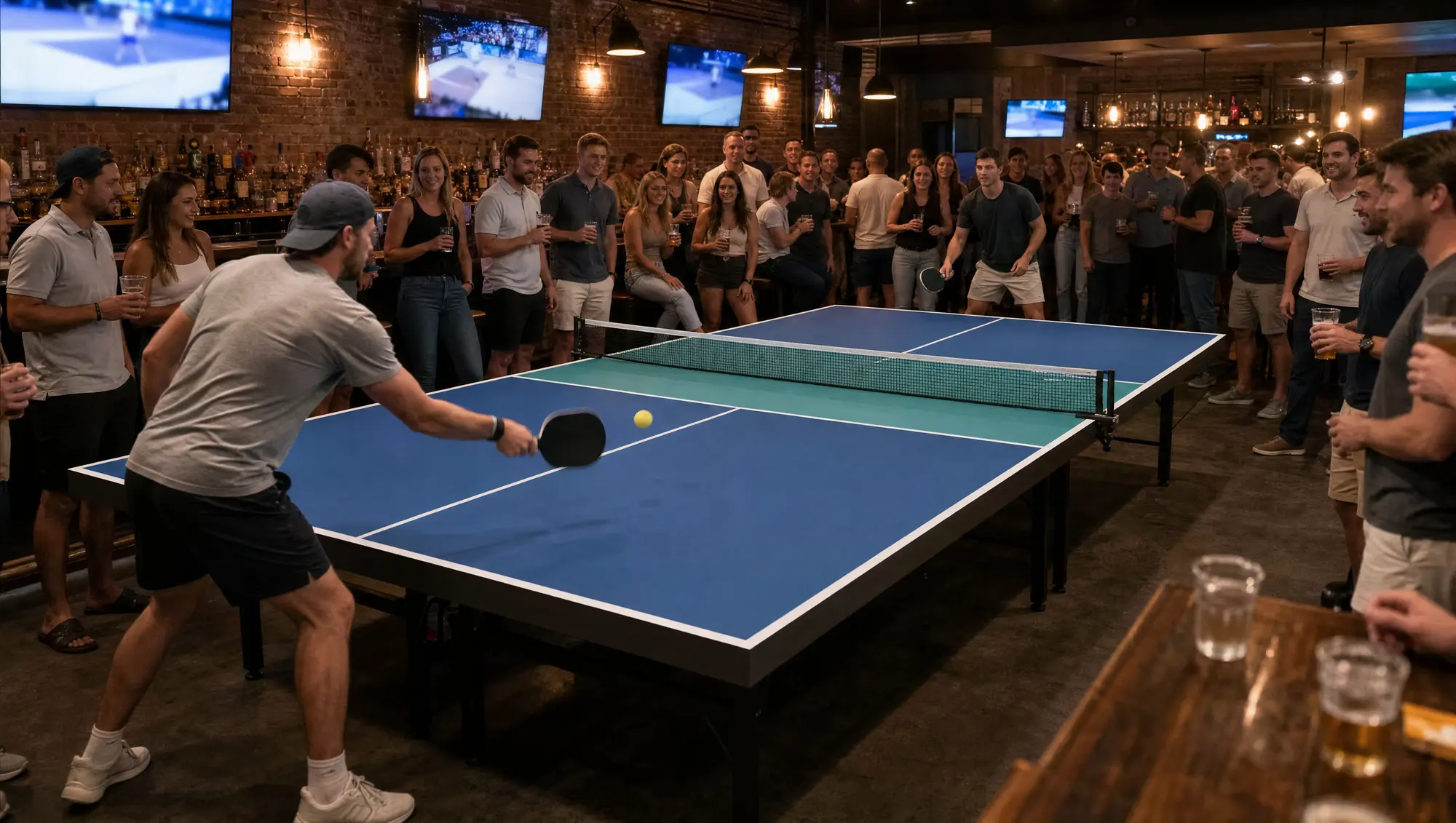 The table as the centerpiece of a busy sports bar