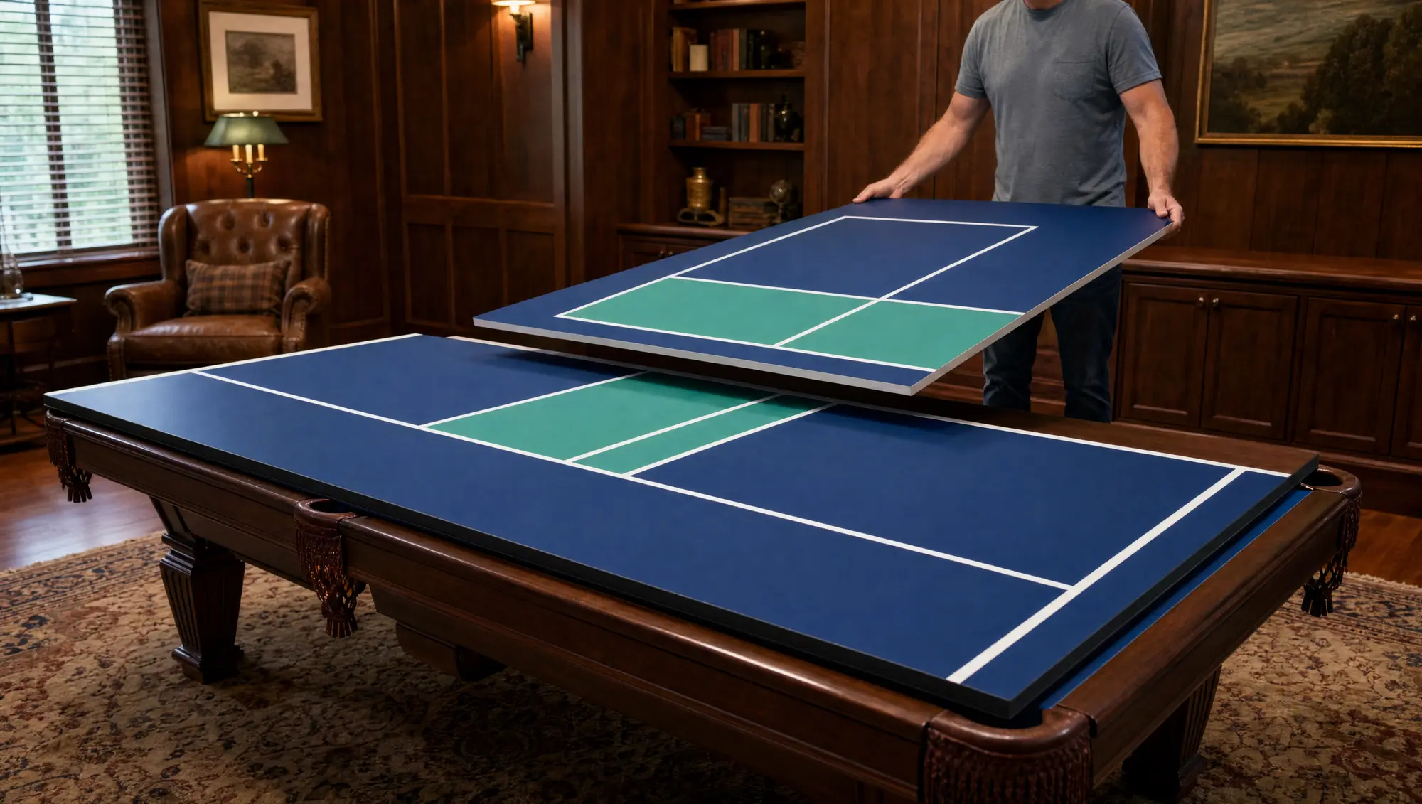 Conversion panels being placed over a billiards table