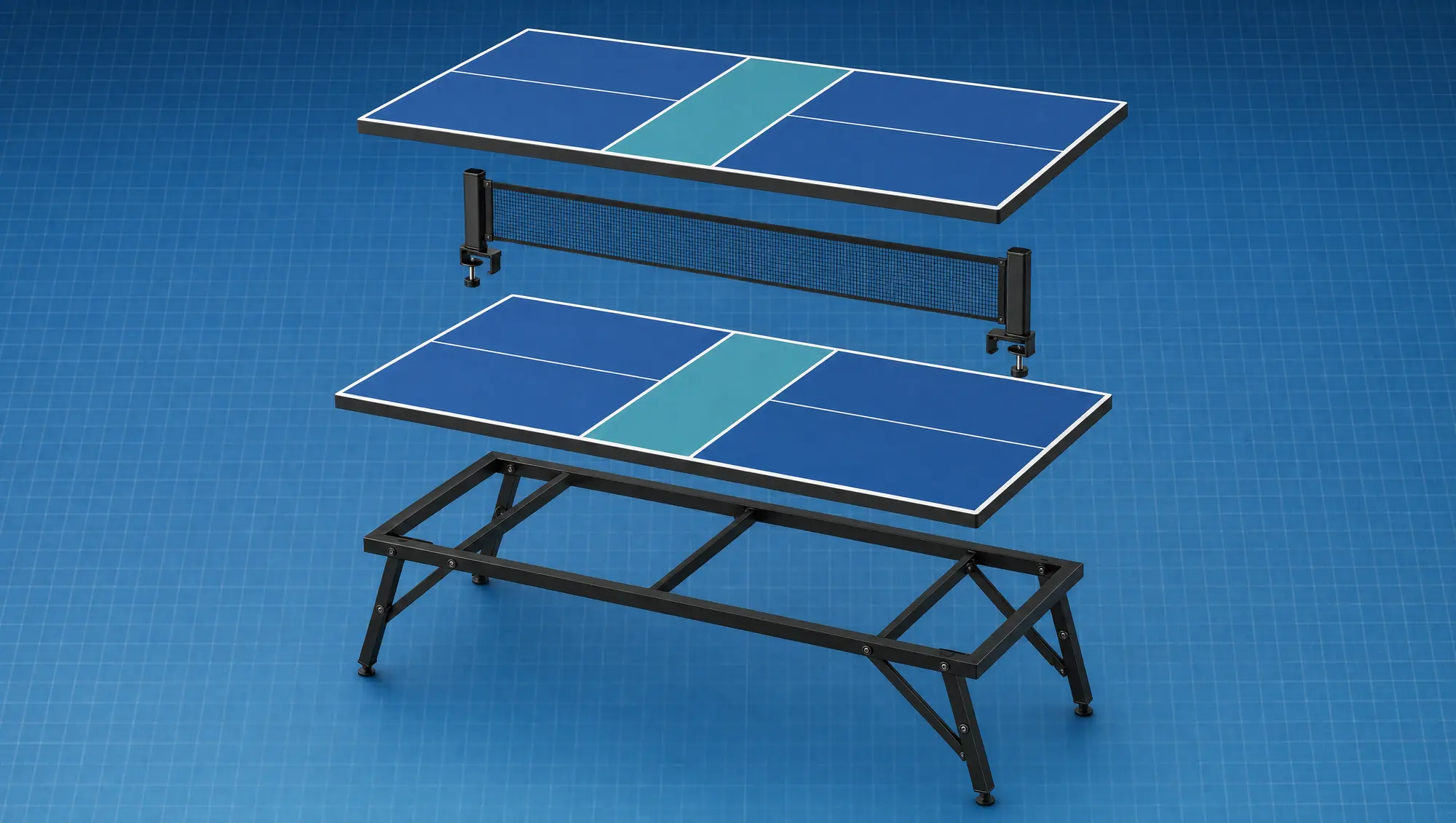 Exploded technical render showing the court panels, net assembly and folding leg frame