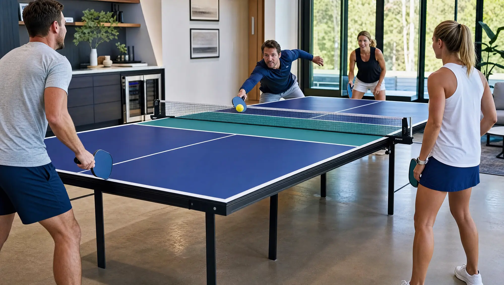 Doubles play on the tabletop pickleball table in a bright home rec room